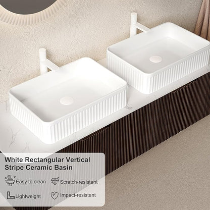 60" Floating Bathroom Vanity with Sink, Wall-Mount Cabinet with 2 Large Storage Drawer, 2 White Rectangular Ceramic Basins and Marble Top, Soft-Close Design, Dark Walnut