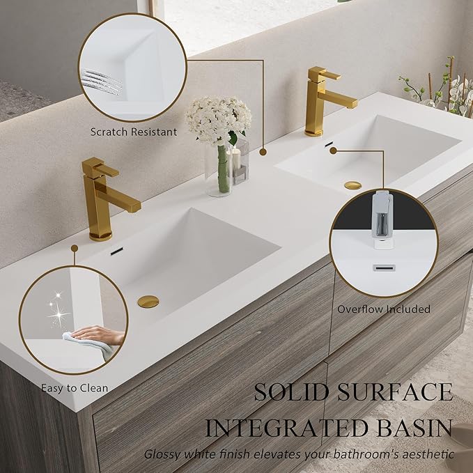 72" Freestanding Bathroom Vanity with 2 Sinks, Storage Cabinet with Stone Resin Countertop, 4 Soft Close Drawers, Espresso Wood, Pre-Assembled Base, Ash Grey