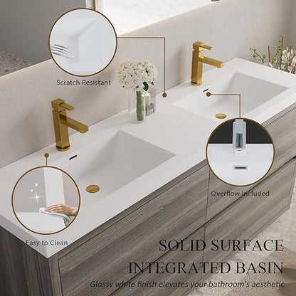 72" Freestanding Bathroom Vanity with 2 Sinks, Storage Cabinet with Stone Resin Countertop, 4 Soft Close Drawers, Espresso Wood, Pre-Assembled Base, Ash Grey