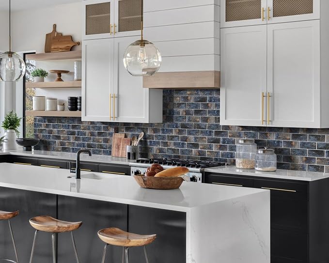 Glass Subway Tile 3x6 Inch Antique Blue Tiles for Kitchen Backsplash Bathroom Accent Wall Glass Mosaic Tile (Pack of 20)