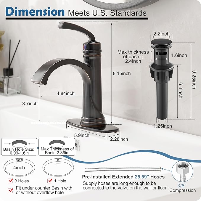 Brass Oil Rubbed Bronze Bathroom Faucet 1 Hole, Waterfall Bathroom Sink Faucet 4 Inch 3 Hole Single Handle with Pop-up Drain, Pre-Installed Water Hoses, Deck Plate for Farmhouse Vanity Sink
