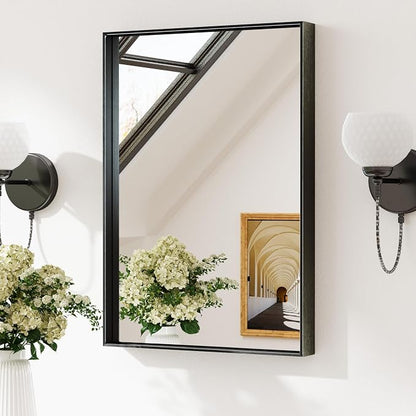 Keonjinn 16x24 Inch Black Bathroom Mirror for Over Sink, Rectangular | HD Tempered Glass, Vanity Mirror, Brushed Framed, Square Corner, Modern Farmhouse, Wall Mounted Mirrors, Aluminum Alloy
