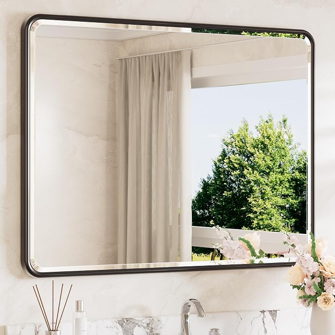 Black Mirrors for Wall 40 x 30 Beveled Edge Tempered Glass, Rounded Corner Rectangle Framed Mirror for Modern Bathroom, Living Room, Bedroom, Entryway