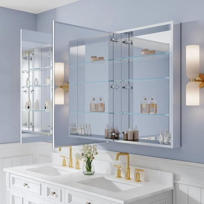 72" x 36" Bathroom Medicine Cabinet with Mirror, Anodized Chrome Aluminum Frame, Surface Mount or Recessed Medicine Cabinet with Mirror, Bathroom Mirror with Storage, Four Doors