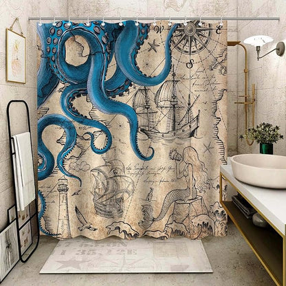 Fungarth Long Vintage Nautical Octopus Shower Curtain Navy Blue Mermaid Funny Ocean Kraken Shower Curtains for Bathroom Cool Anchor Coastal Map Waterproof Fabric Bath Curtain Decor (Retro, 72” x 78”)