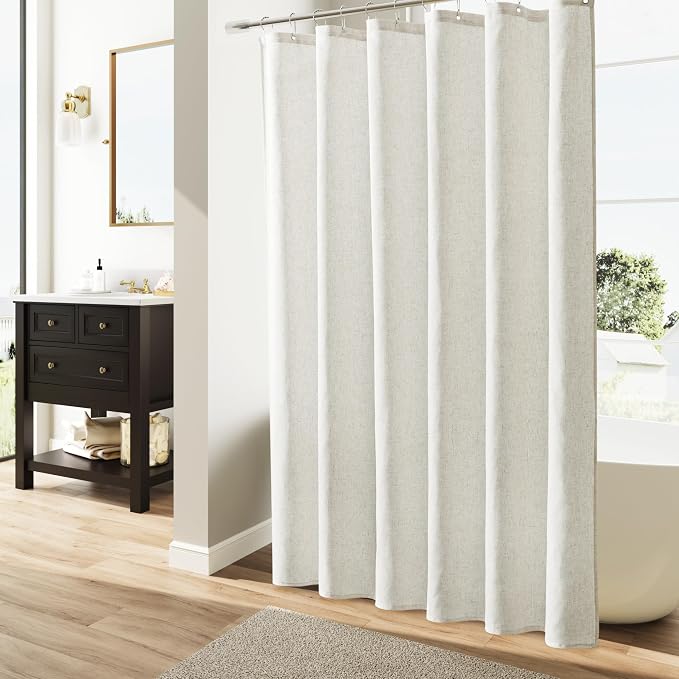 Neutral Linen Extra Long Shower Curtains 82 Inches Long Neutral Country Boho Farmhouse Decor Beige Curtains for Bathroom Natural Cloth Textured Fabric Bath Drapes with Hooks Ivory 72x82
