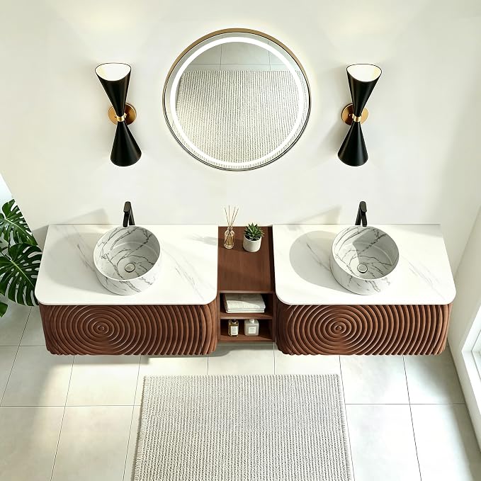 84" Floating Bathroom Vanity with Double Sink, Mid-Century Wall Mounted Bathroom Vanity Cabinet with Wood Waved Decor, Marble Ceramic Basin, Sintered Stone Top, Soft Close Drawer, Side Open Cube