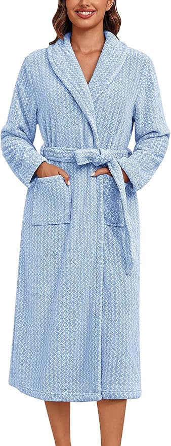 Ekouaer Women's Robe Long Plush Soft Bathrobe Cozy Warm Robes Shawl Collar Sleepwear with Pockets