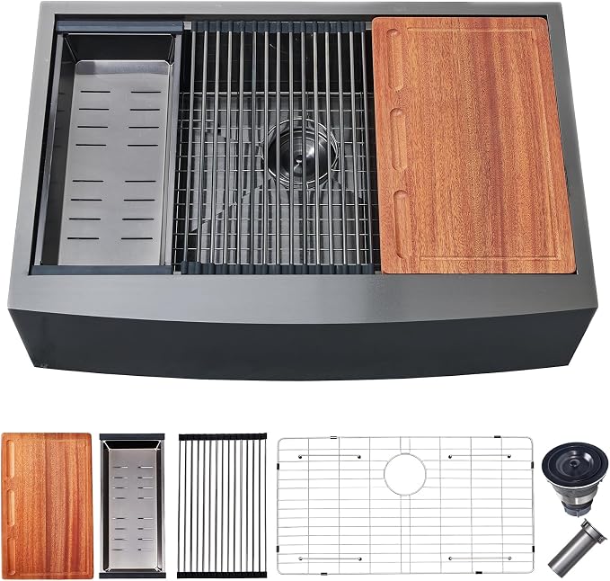 Black Farmhouse Sink 33 Inch - VALISY 33x22 Apron Front Farmhouse Kitchen Sinks 16 Gauge Stainless Steel Undermount Ledge Workstation Deep Single Bowl Luxury Rustic Farm Sinks with All Accessories