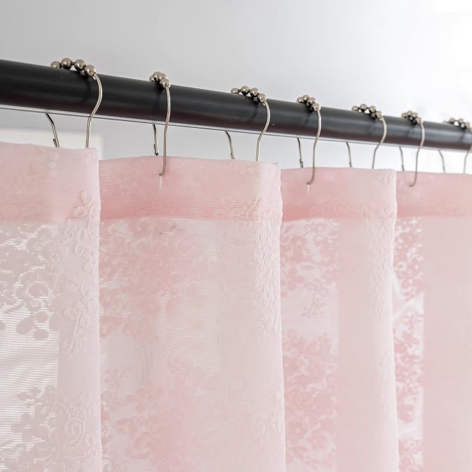 TUDECO Pink Lace Shower Curtain with Attached Valance, 72x72 Inch, 1 Panel | Light Pink, Cute Girly Bathroom Decor, Aesthetic Feminine Style, Vintage Floral Detail, Soft Light Filtering, Semi Privacy