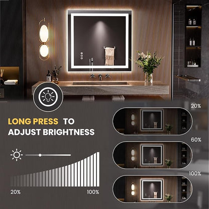 LOAAO 36"x34" LED Bathroom Mirror with Lights, UL Listed | Anti-Fog, Dimmable, 3 Color Temperature, Backlit + Front Lit, Memory Function, Tempered Glass