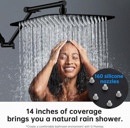 G-Promise 14 Inch All Metal Rain Shower Head with Extension Arm | Built to Last, Rust Resistant, Easy to Install, Adjustable, Full Body Coverage Large Rainfall Shower Head, Daily SPA
