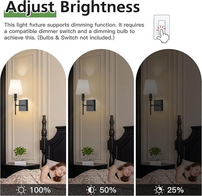 Vintage Bathroom Wall Sconce,Hardwired Bedside Wall Sconces Set of 2,Black Bathroom Light Fixture with White Fabric Shade for Bedroom Living Room Hallway Farmhouse,Convertible Height,E12 Base