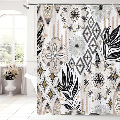 Boho Floral Shower Curtain, White Botanical Fabric Curtain, 72 x 84 | Boho floral, vintage botanical, dark floral, rustic farmhouse, colorful flowers, fabric shower curtain
