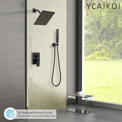 Oil Rubbed Bronze Shower System, 8 Inch High Pressure Rain Shower with Handheld, Wall Mount Shower Faucet Set for Bathroom, Rough-in Valve Body and Trim Included