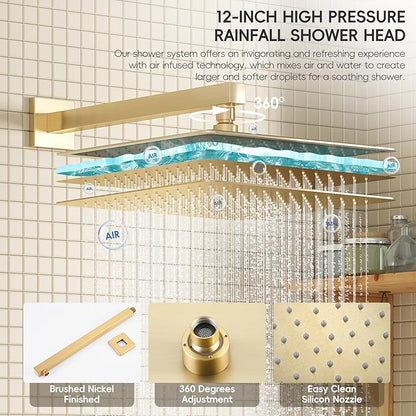 Gold Shower System with Tub Spout, All Metal Tub Shower Faucet Set with 12“ Rain Shower Head and Handheld Spray combo, Wall Mounted Tub Shower System with valve and Trim kit,Brushed Gold