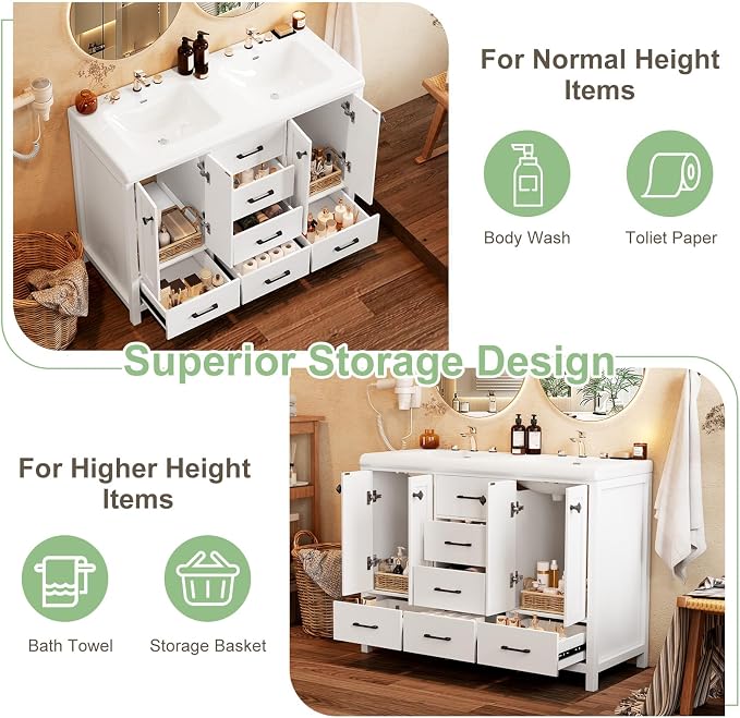 48" White Bathroom Vanity with Double Sink, 47.3" × 19.7" × 35.5" Bathroom Vanity Cabinet with 2 Doors & 6 Drawers, Modern Vanity Set with Ceramic Sinks