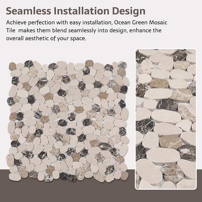 Pebble Tile, Brown Beige Sliced Pebble Stone Tiles for Shower Kitchen Backsplash Bathroom Wall and Floor, 4 Sheets