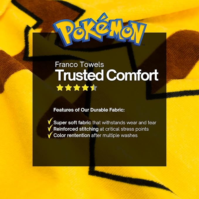 Pokemon Pikachu Kids Super Soft Bath/Pool/Beach Soft Cotton Terry Hooded Towel Wrap, 24 in x 50 in, (Officially Licensed Product) By Franco