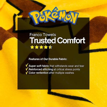 Pokemon Pikachu Kids Super Soft Bath/Pool/Beach Soft Cotton Terry Hooded Towel Wrap, 24 in x 50 in, (Officially Licensed Product) By Franco