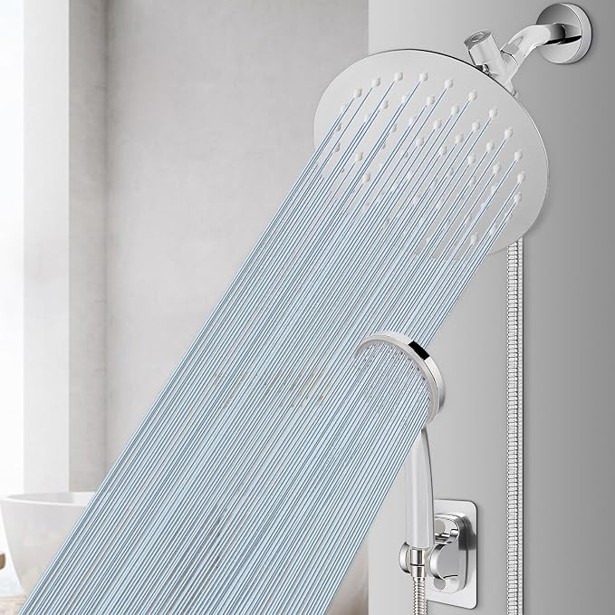 NearMoon Shower Head with Hose, High-Pressure Stainless Steel 8'' Rain Shower and 5 Settings Handheld Shower Spray Combo with Push Button Flow Control for Easy Operation (Chrome)