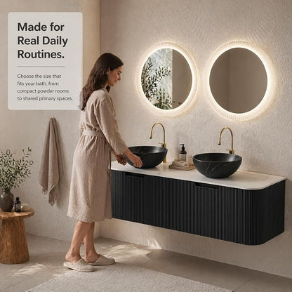 60 Inch Double Sink Bathroom Vanity, Floating Wall Mounted Cabinet, Black Curved Fluted Front, Stone Top, Dual Black Marble Vessel Basins, Pre-Assembled