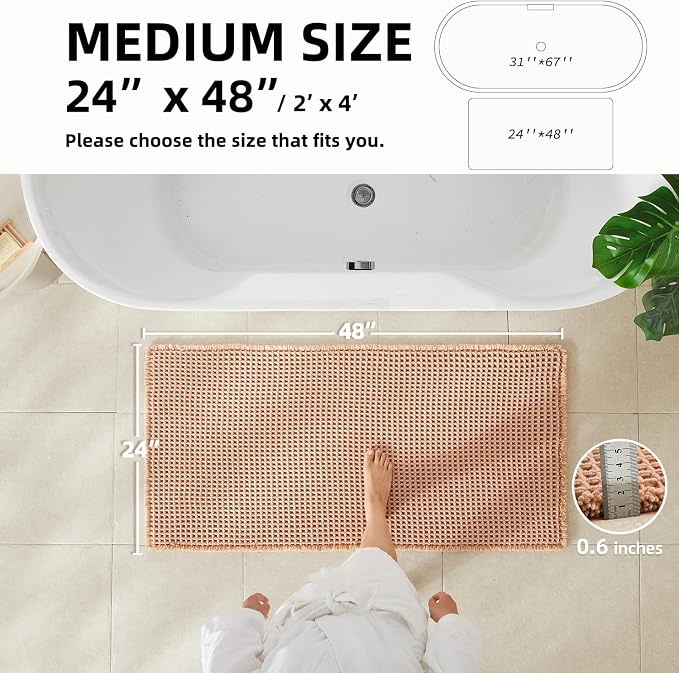 TYUU Waffle Bath Mat, Boho Bathroom Rugs Non Slip, 48x24 Light Peach | Super Absorbent Quick Dry Bath Rug, Non-Slip Backing, Soft Waffle Washable Farmhouse Bathroom Mats, Tub, Shower & Home Decor