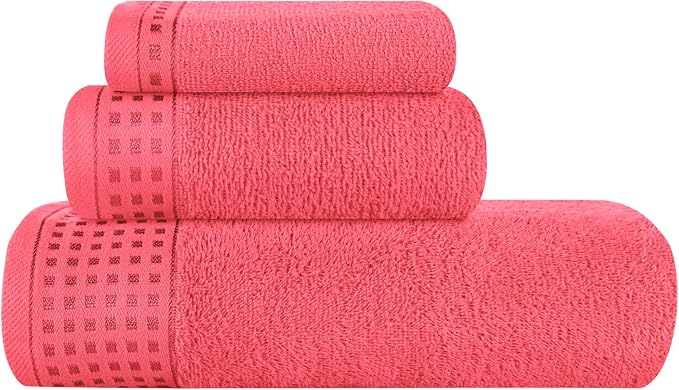 GLAMBURG Ultra Soft 3 Pack Cotton Towel Set, Contains a Bath Towel 28x55 inch, a Hand Towel 16x24 inch & a Wash Coth 12x12 inch, Ideal Everyday use, Compact & Lightweight - Coral Orange