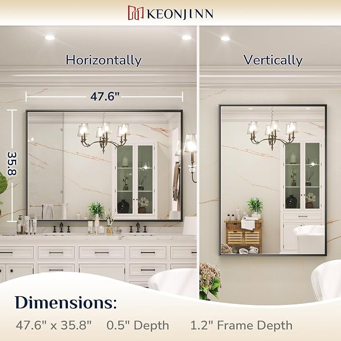 Keonjinn 48x36 Inch Black Bathroom Mirror for Over Sink, HD Tempered Glass | Rectangular, Vanity Mirror, Brushed Framed, Square Corner, Modern Farmhouse, Wall Mounted Mirrors, Aluminum Alloy