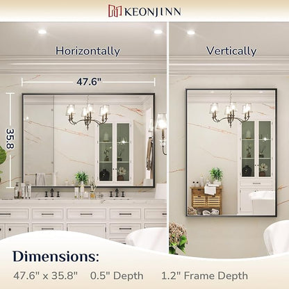 Keonjinn 48x36 Inch Black Bathroom Mirror for Over Sink, HD Tempered Glass | Rectangular, Vanity Mirror, Brushed Framed, Square Corner, Modern Farmhouse, Wall Mounted Mirrors, Aluminum Alloy