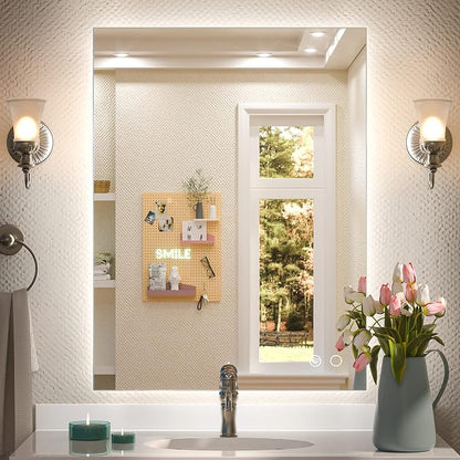 Keonjinn Backlit Mirror Bathroom 24x32 Inch, Tempered Glass, 3 Color Lights | Safe Defogging, High Lumen, Dimmable, French Cleat, Hardwired/Plug in, Smart LED Mirror for Bathroom, Salon, Powder Room