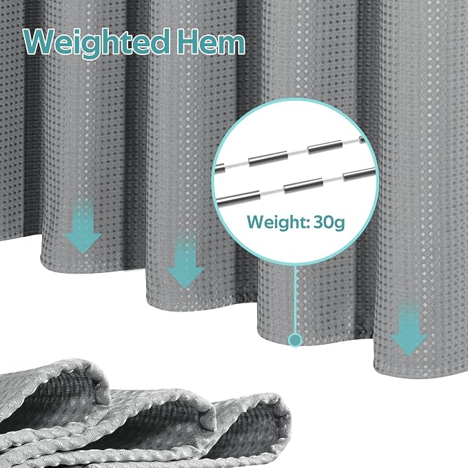 3 in 1 Shower Curtain Set, Waffle Shower Curtain and Liner Set with 12 Double Sided Shower Curtain Hooks, 258GSM Luxury Weighted Cloth Shower Curtains for Bathroom, 72 W x 72 H, Grey