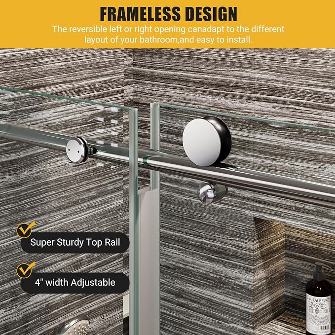 Shower Glass Door with Waterroof Seal Strip (56-60" W x 75 "H), Frameless Shower Sliding Door with Clear SGCC Tempered Glass 5/16" (8mm), Stainless Steel Hardware, Silver