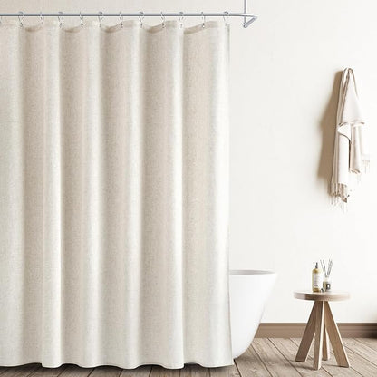 Extra Long Linen Shower Curtain 86 Inch Long Weighted Thick Fabric Bath Shower Curtain Set with Hooks, XLong Tall Country Farmhouse Beige Curtains for Bathroom, 72x86