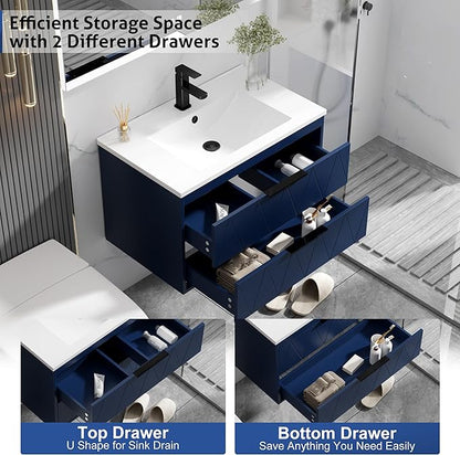 eclife 24" Bathroom Vanities Cabinet with Sink Combo, Wall Mounted Floating Cabinet W/Decor Line, Soft-Close System, 2 Extra Big Drawers, Matte Black Faucet, Navy Blue