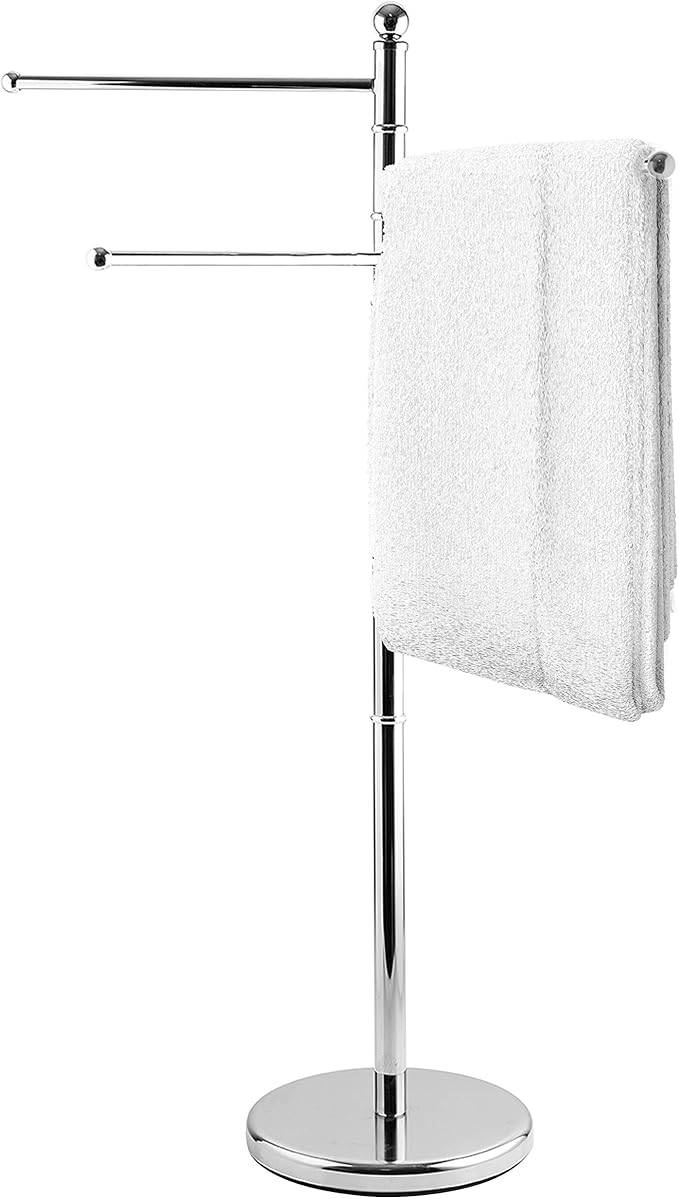 MyGift 40 Inch Silver Metal Towel Rack, Freestanding 3 Swivel Arms | Three bars create separate hanging space for bath linens, hand towels, and washcloths while improving airflow for drying