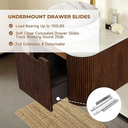 LKTART 24 Inch Floating Bathroom Vanity with Sink, Modern Wall Mounted Bathroom Storage Cabinet with Drawer, Stone Pattern Round White Ceramic Sink Top and Marble Texture Top, Walnut