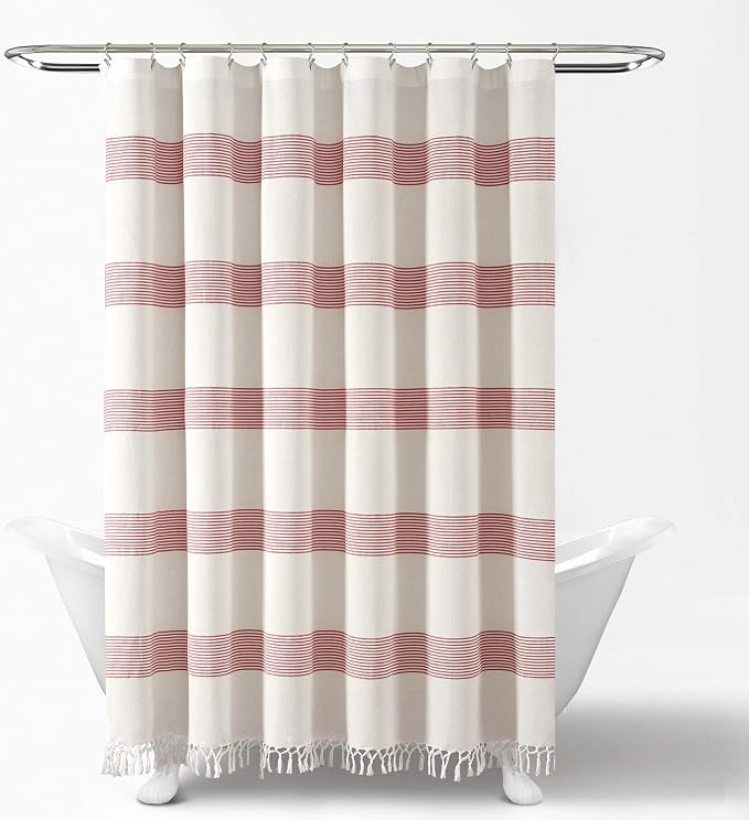 Lush Decor Tucker Stripe Yarn Dyed Cotton Knotted Tassel Shower Curtain, 72" x 72", White & Red