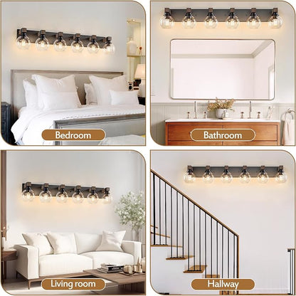LmnLvn Bathroom Light Fixtures, Farmhouse Wood & Metal with Globe Glass | 6-Light Rustic Vanity Lights,Easy To Install, Mounted Over Mirror for Bathroom, Bedroom & Hallway