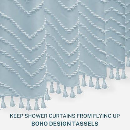 Boho Fog Blue Shower Curtain Woven Fabric Cute Shower Curtain, 72 x 72 Tufted Chevron Textured Striped Modern Farmhouse Minimalist for Bathroom