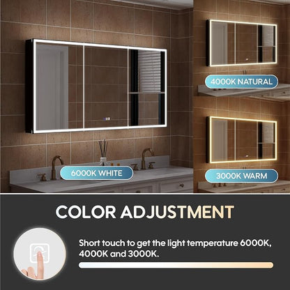 60" X 30" LED Mirrored Medicine Cabinet, Medicine Cabinets with Lights for Bathroom, Defogging Function Mirror Cabinet, Bathroom Medicine Cabinet with USB Port & Outlet, Three Opening Doors