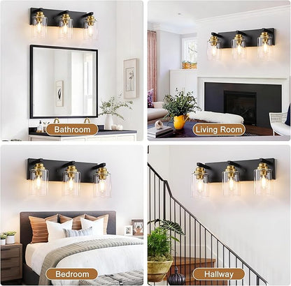 Black and Gold Bathroom Light Fixture, 3 Light Brushed Gold Vanity Light, 18.8" Modern Farmhouse Bathroom Lighting Fixtures Over Mirror, with Clear Glass Shade, Vanity Lights for Bedroom Hallway