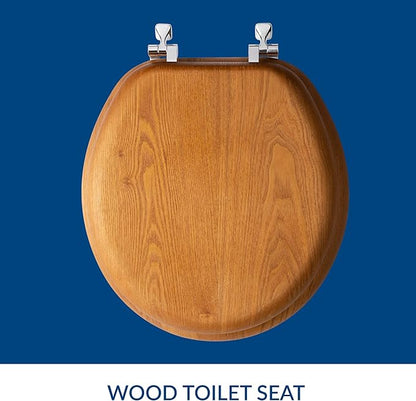 Mayfair Natural Oak Veneer Toilet Seat with Chrome Hinges, Round, Wood