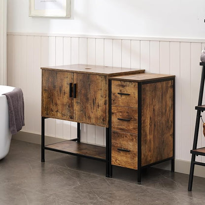 UEV 42" Rustic Brwon Bathroom Vanity with Sink Combo,Industrial Iron Frame Bathroom Cabinet Sets with 3 Drawers Side Cabinet(Without Sink Combo)