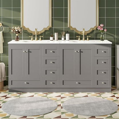 Harper & Bright Designs 72" Bathroom Vanity Set with Double Sink, Vanity Cabinet with 4 Cabinet Doors and 8 Drawers, Solid Wood Bathroom Cabinet with Ceramic Basin for Bathroom, Grey