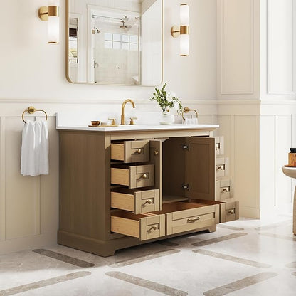 WELLFOR 48" Bathroom Vanity with Sink, Bathroom Freestanding Vanity W/ 2 Soft-Close Doors and 9 Soft-Close Drawers, Bathroom Cabinet Vanity with Cultured Marble Countertop (Oak)
