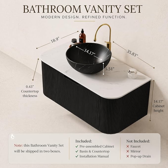 36 Inch Bathroom Vanity with Sink, Floating Wall Mounted Single Sink Vanity, Black Curved Fluted Front, Stone Top, Black Marble Vessel Basin, Pre-Assembled