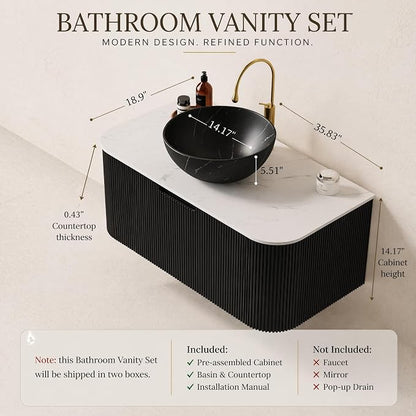 36 Inch Bathroom Vanity with Sink, Floating Wall Mounted Single Sink Vanity, Black Curved Fluted Front, Stone Top, Black Marble Vessel Basin, Pre-Assembled