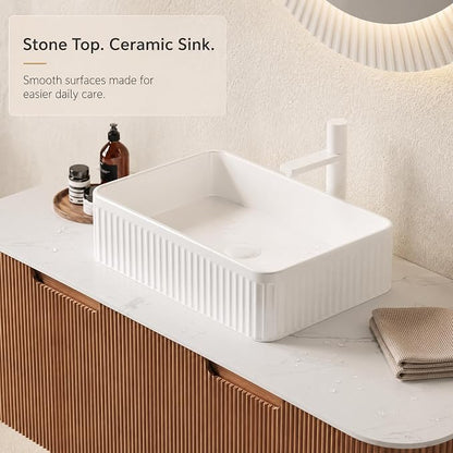 48 Inch Bathroom Vanity with Sink, Floating Wall Mounted Single Sink Vanity, Natural Woodgrain Curved Fluted Front, Stone Top, White Textured Rectangular Vessel Basin, Pre-Assembled
