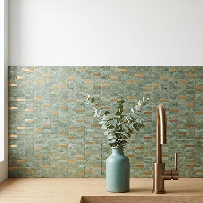 XUANINY Peel and Stick Tile Backsplash Self- Adhesive Wall Tiles Aluminum Mosaic Sticker for Kitchen (11.33"x11.92" Per Sheet, Pack of 10 pcs) (Golden Green 10)